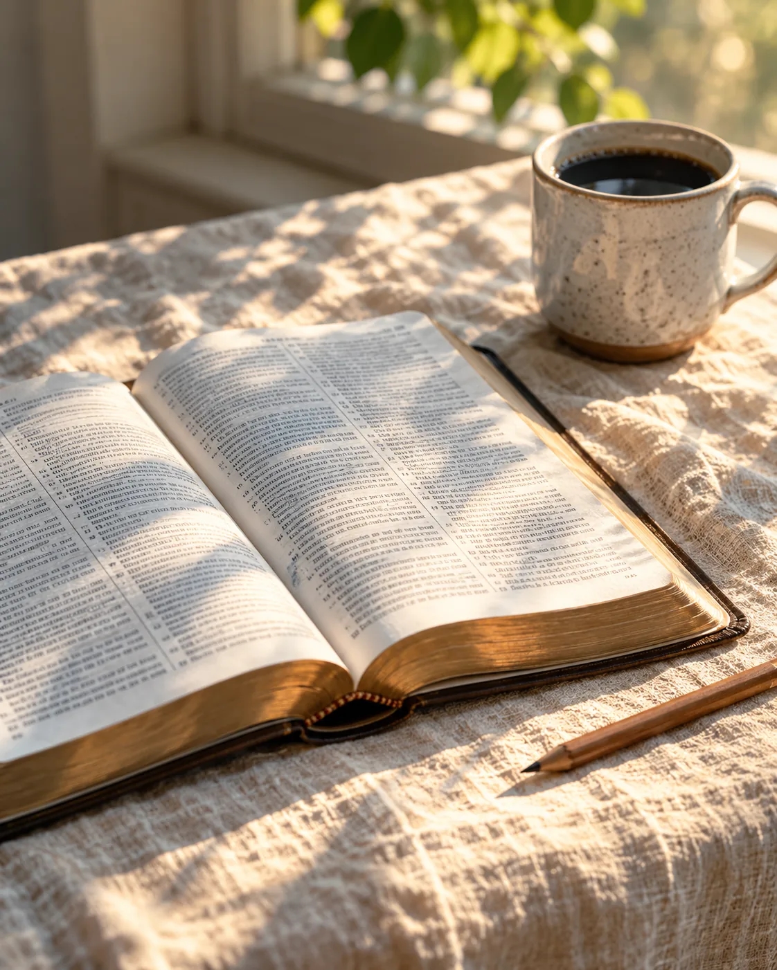 An open Bible on a linen tablecloth beside a cup of coffee