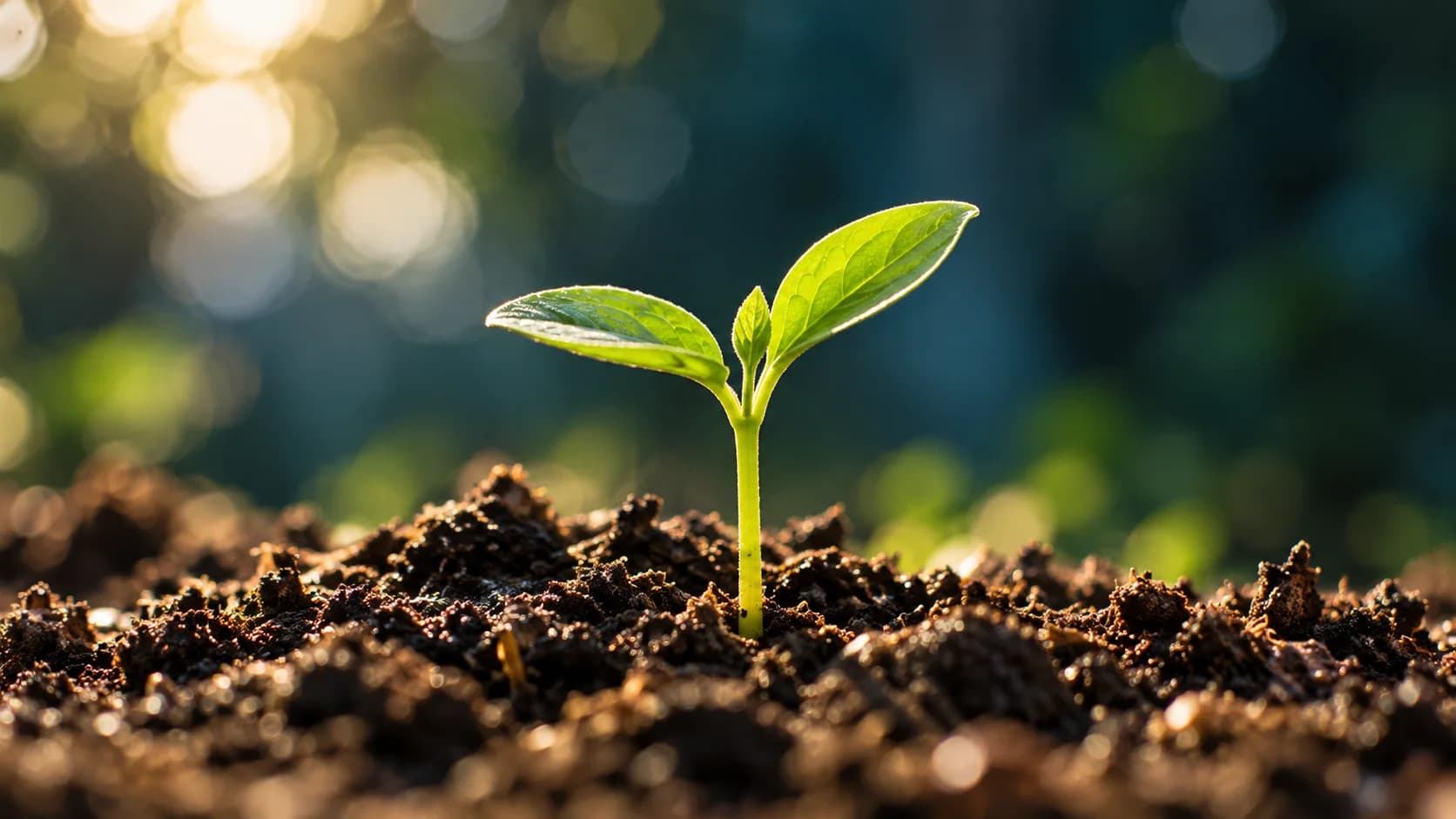 A young seedling growing from dark soil in morning light