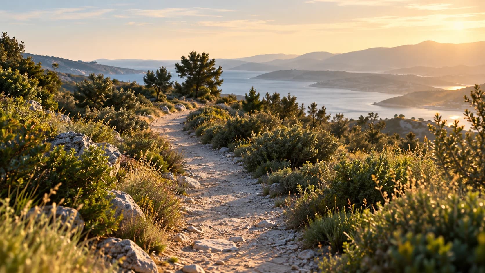 A sunlit path winding through hills towards the coast