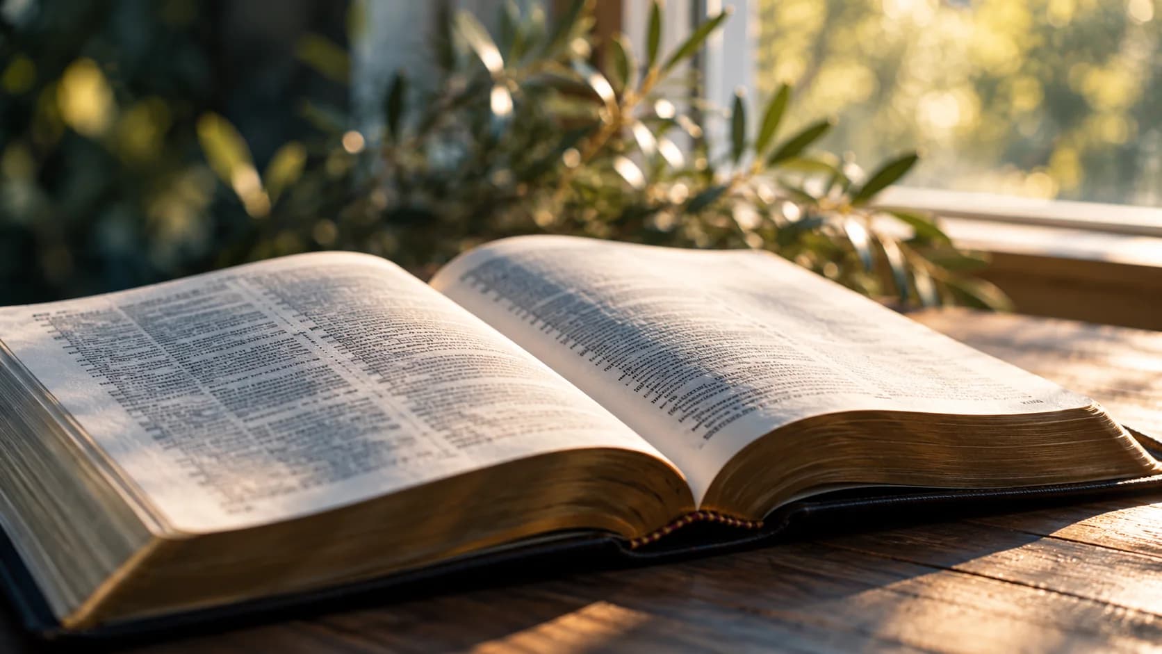 An open Bible on a wooden table in window light
